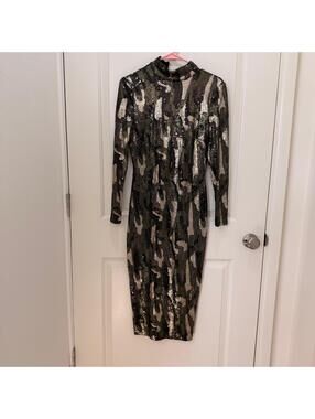Zara Women's Dress Size Small Camouflage Sequin Pencil Midi Gold Green Bronze